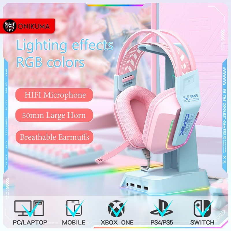 هدست گیمینگ اونیکوما مدل onikuma X13 RGB صورتی - Image 12